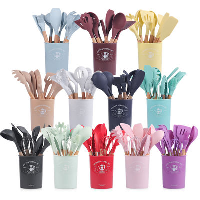 12 peças de utensílios de cozinha de silicone com alças de madeira