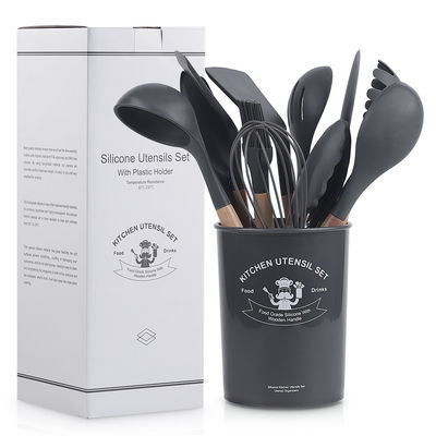 12 peças de utensílios de cozinha de silicone com alças de madeira