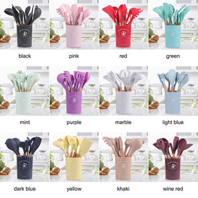 12 peças de utensílios de cozinha de silicone com alças de madeira