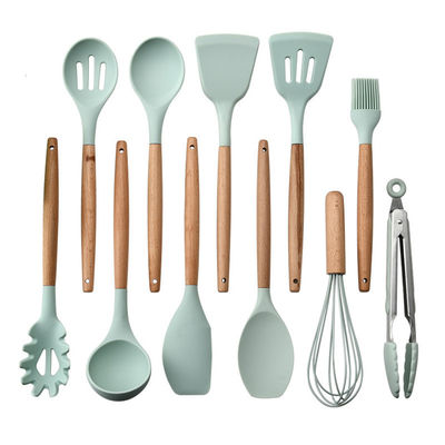 12 peças de utensílios de cozinha de silicone com alças de madeira