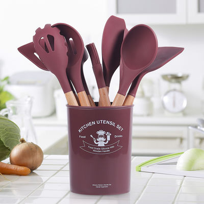 12 peças de utensílios de cozinha de silicone com alças de madeira