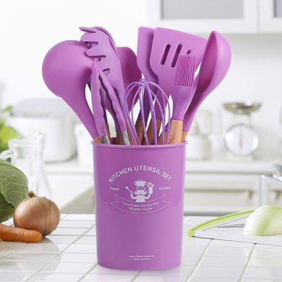 12 peças de utensílios de cozinha de silicone com alças de madeira